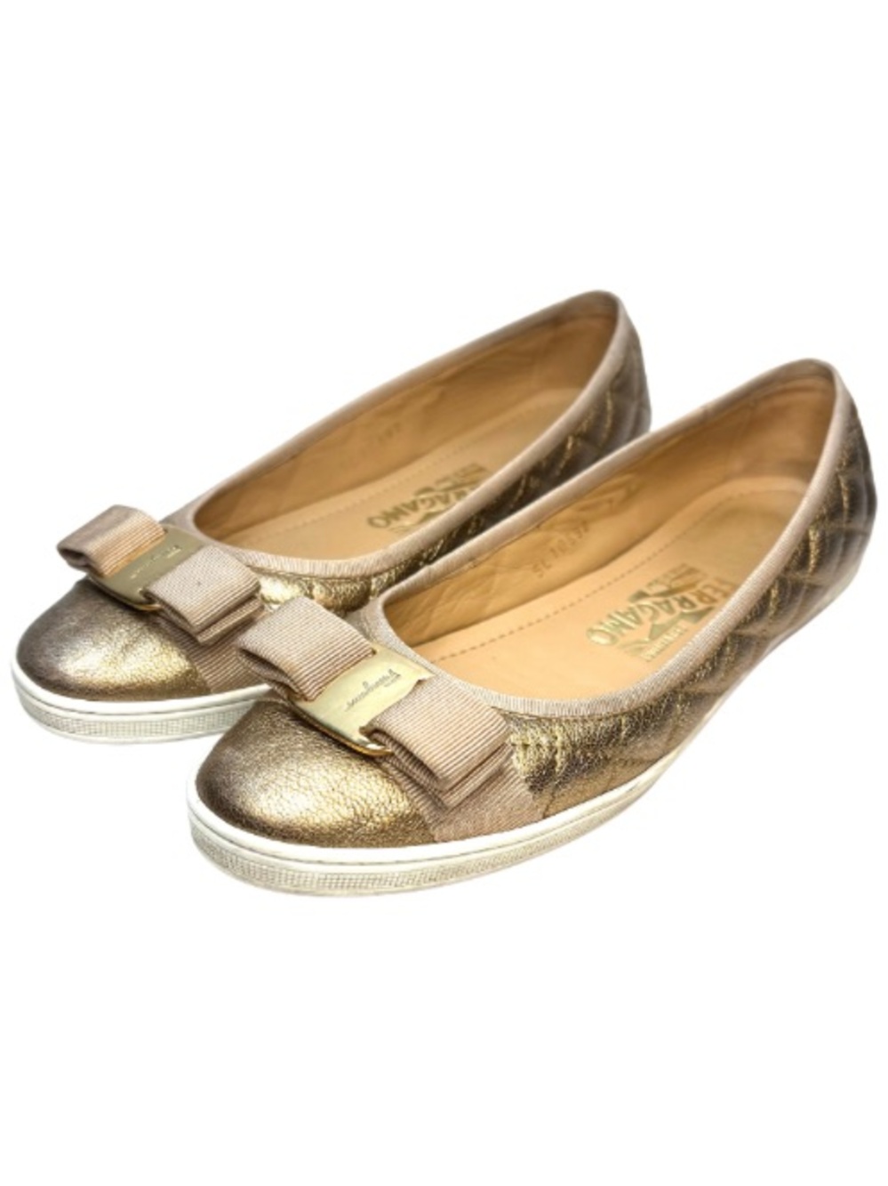 Salvatore Ferragamo Metallic Gold Varina Bow Ballet Flat | 7